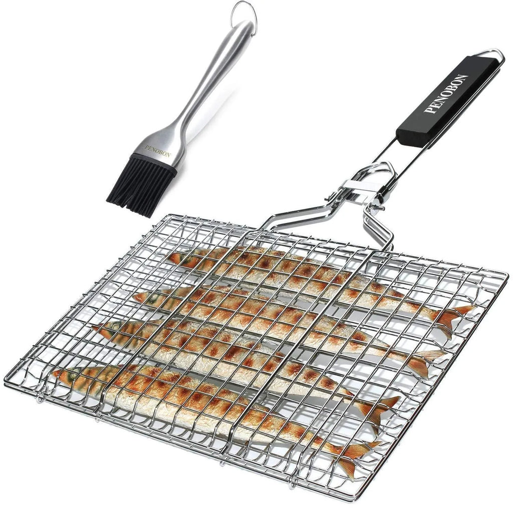 Stainless steel square barbecue grill mesh basket with a folding frame and a cleaning brush.