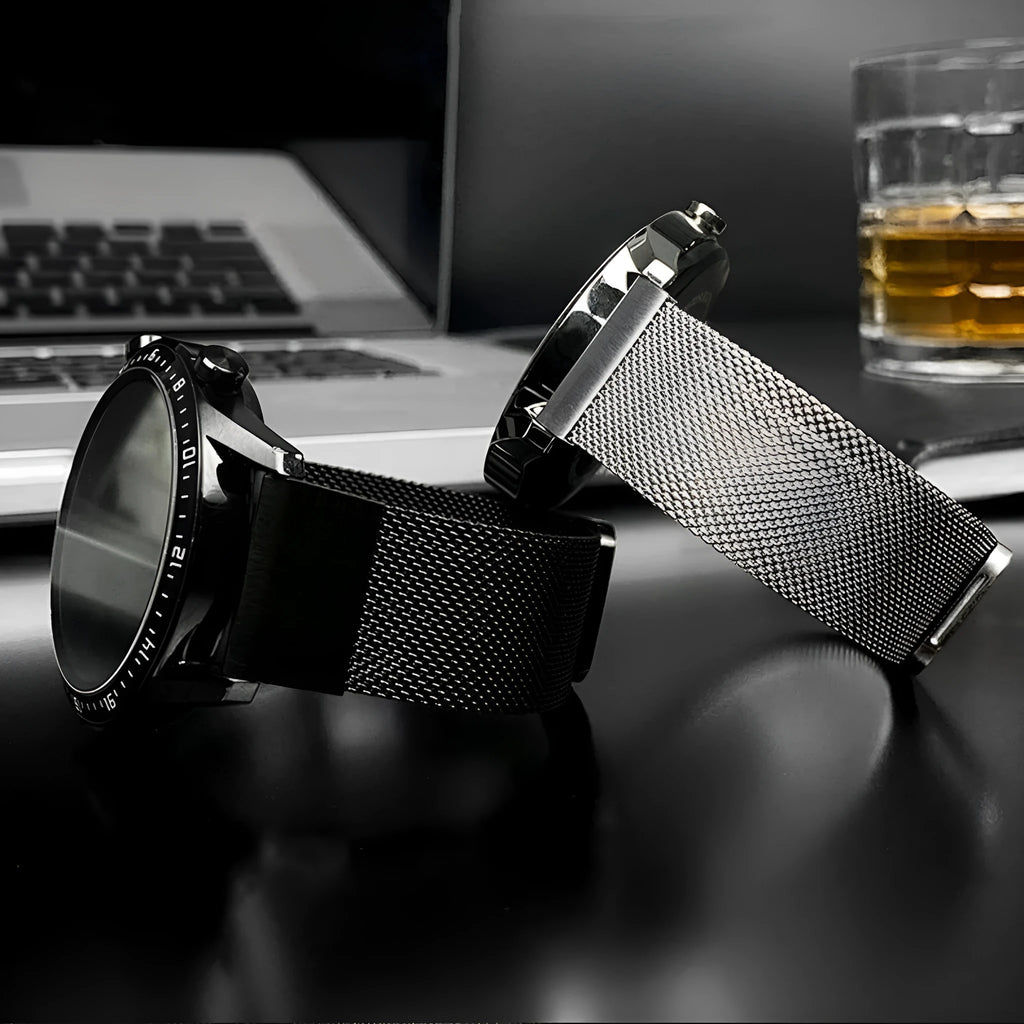 Silver stainless steel smartwatch strap for Garmin Fenix watches, shown next to 20mm, 22mm, 26mm size indicators.