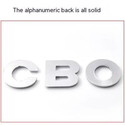Zinc alloy metal car bumper sticker showing raised 3D letter design in approximately 2.5cm size