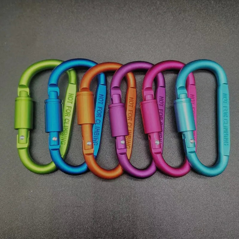 D-type aluminium carabiner with lock mechanism in bright colours measuring 8cm