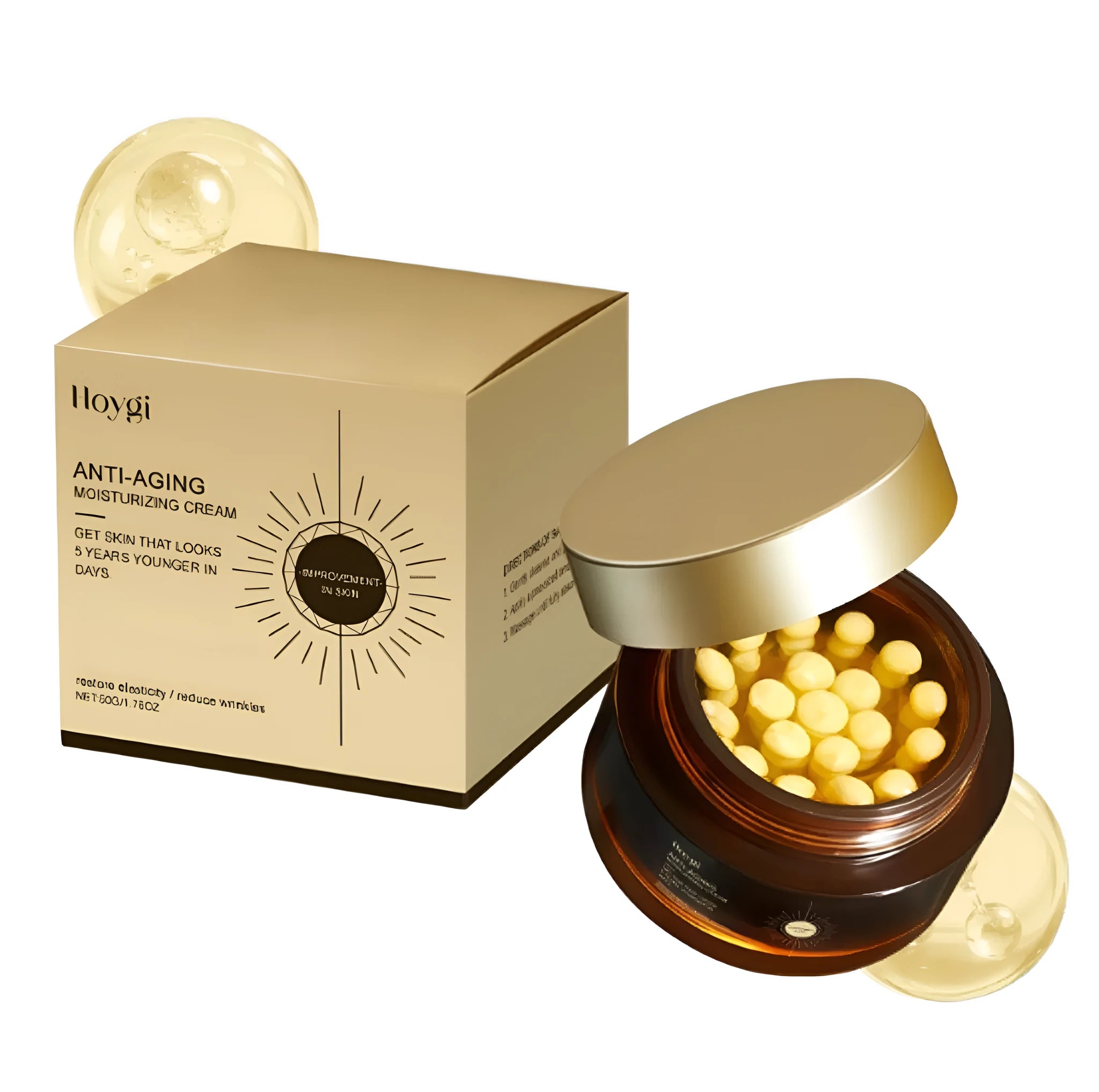 Jar of Retinol Capsule Moisturizing Cream showing cream with yellow beads, 50g size