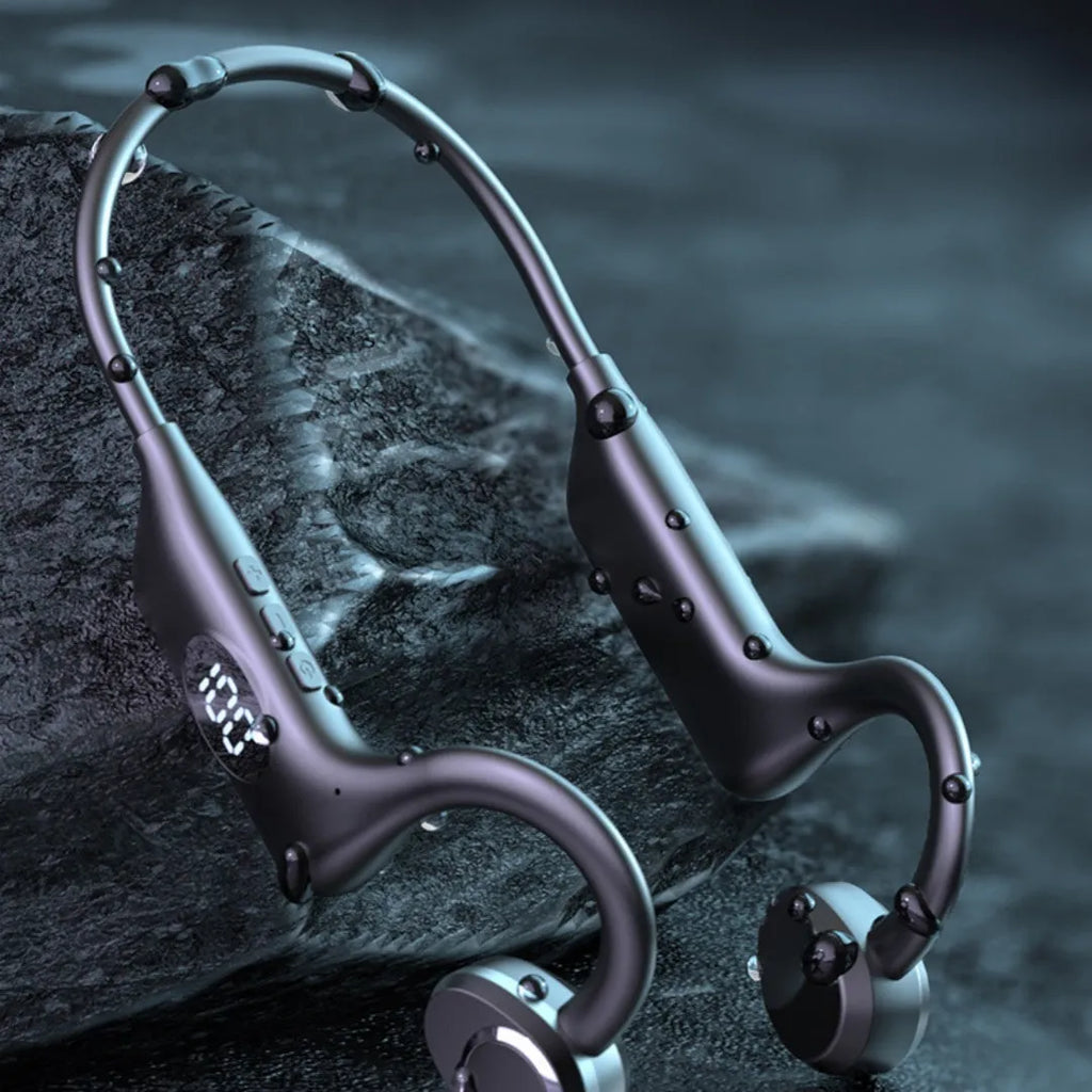Bluetooth non in-ear sports conduction headset in Black Ultimate Edition with silicone ear hook and digital display