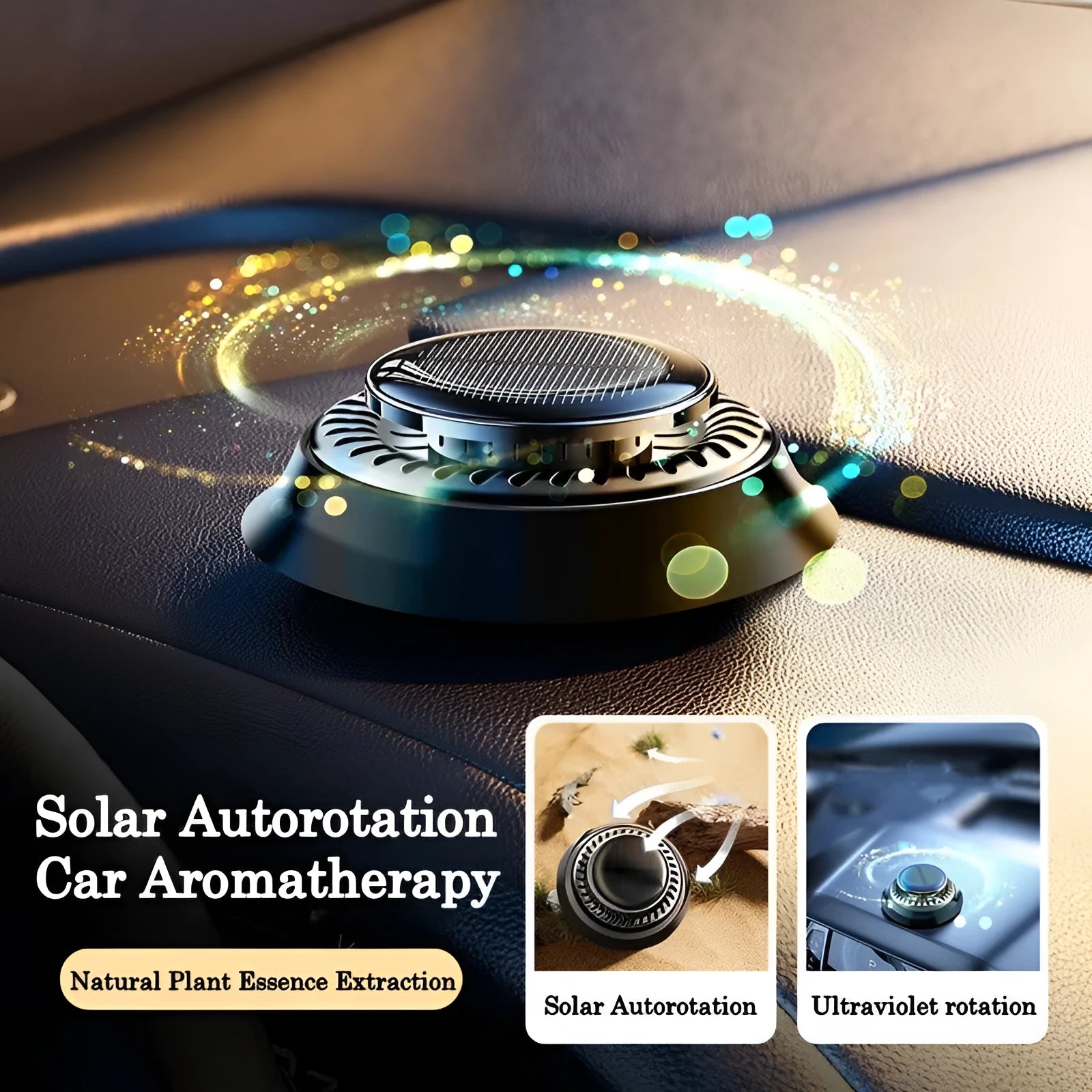 Solar powered kinetic car air freshener with rotating double rings on black plastic base