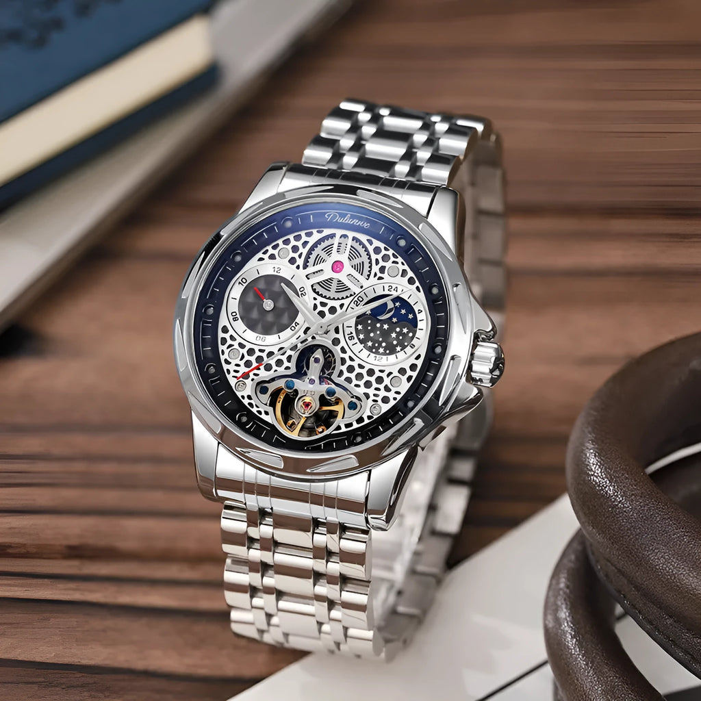Men's black and white automatic waterproof business watch with steel or leather strap