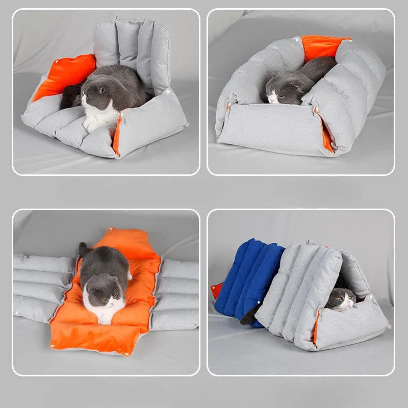 Triangular blue cat nest bed with removable cotton cover measuring 45x38x38cm