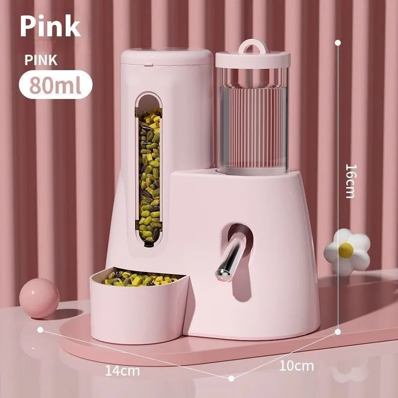 White, blue, and pink hamster automatic water feeder and food bowl in large and small sizes.