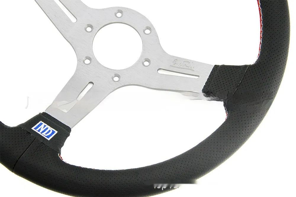 Leather 14-inch car steering wheel with a middle concave design, showing black and silver skeleton frame options.