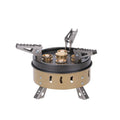 Portable windproof camping gas stove holder set in dark khaki, with cloth bag, for cookouts with 3-5 people.