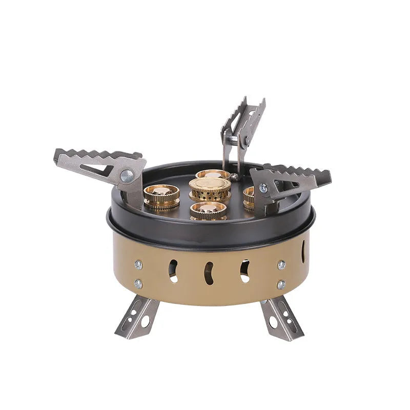 Portable windproof camping gas stove holder set in dark khaki, with cloth bag, for cookouts with 3-5 people.