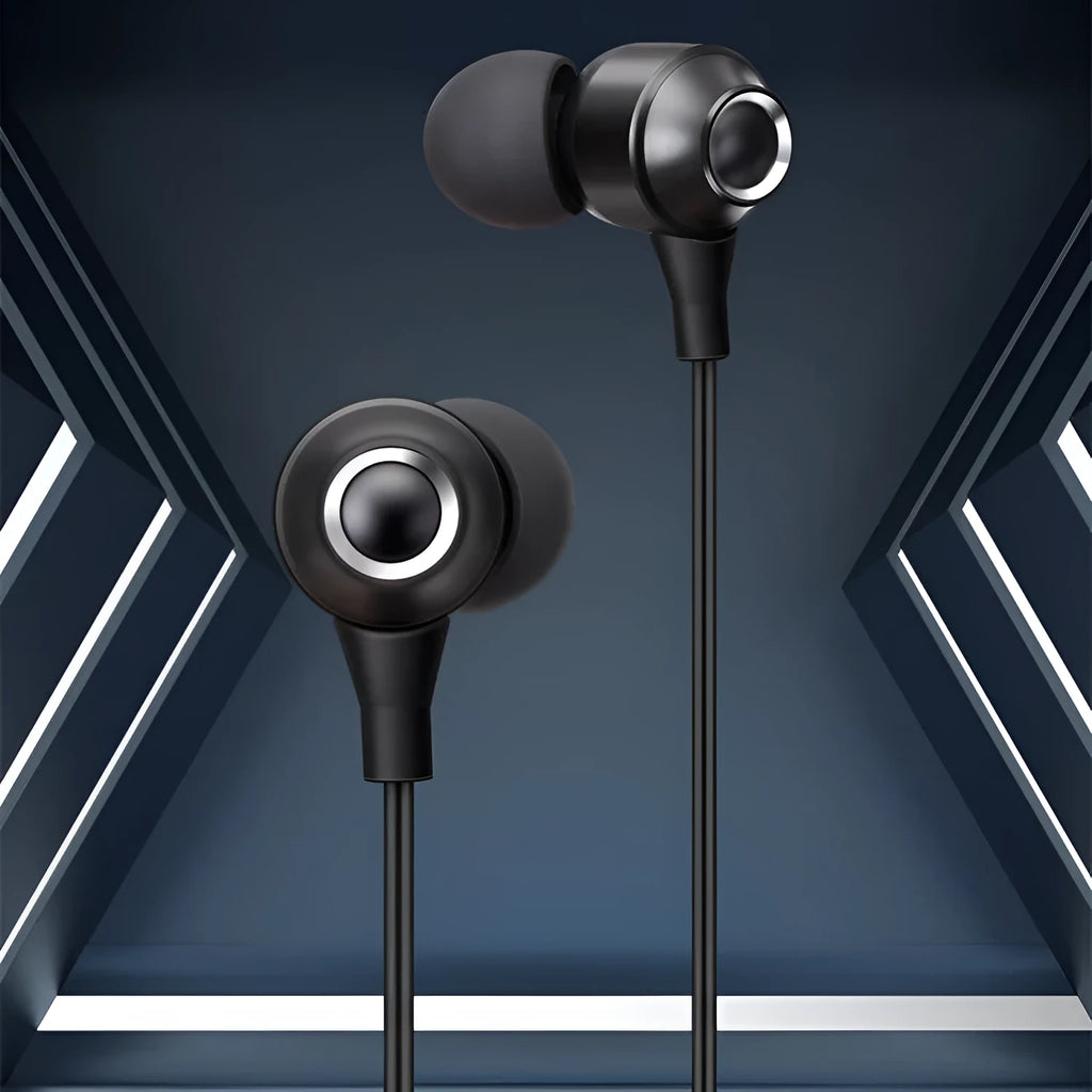 Wired in-ear headphones with 3.5mm straight plug, silicone earplugs, and 1.2m TPE cable