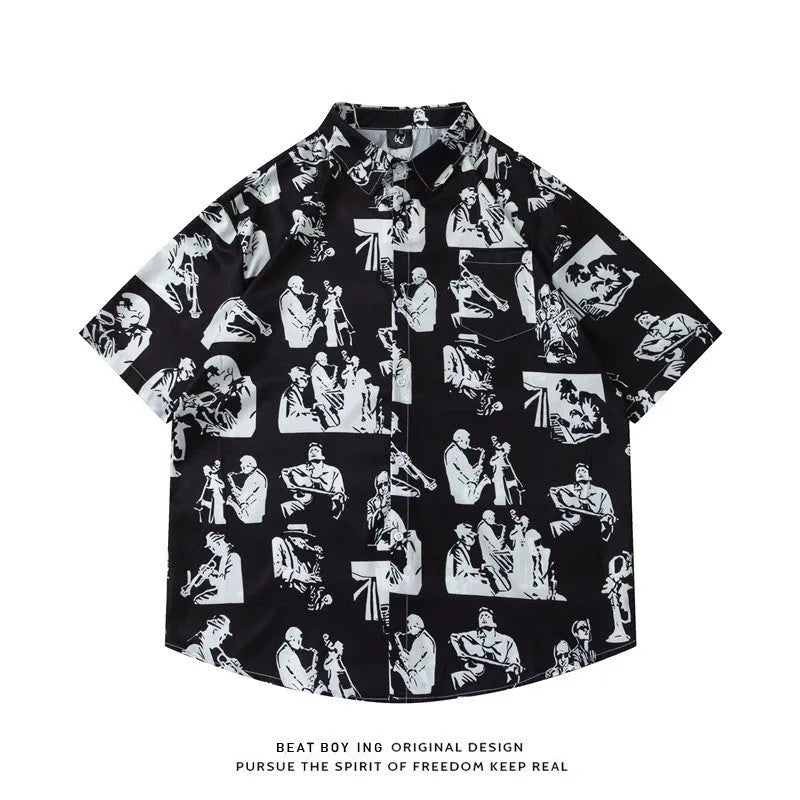 Full printed floral pattern short sleeve shirt in loose fit with cardigan style design