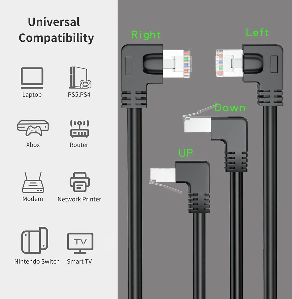 Cat6 Ethernet cable with right-angled metal RJ45 connectors in various colours including black, white, orange, and yellow.