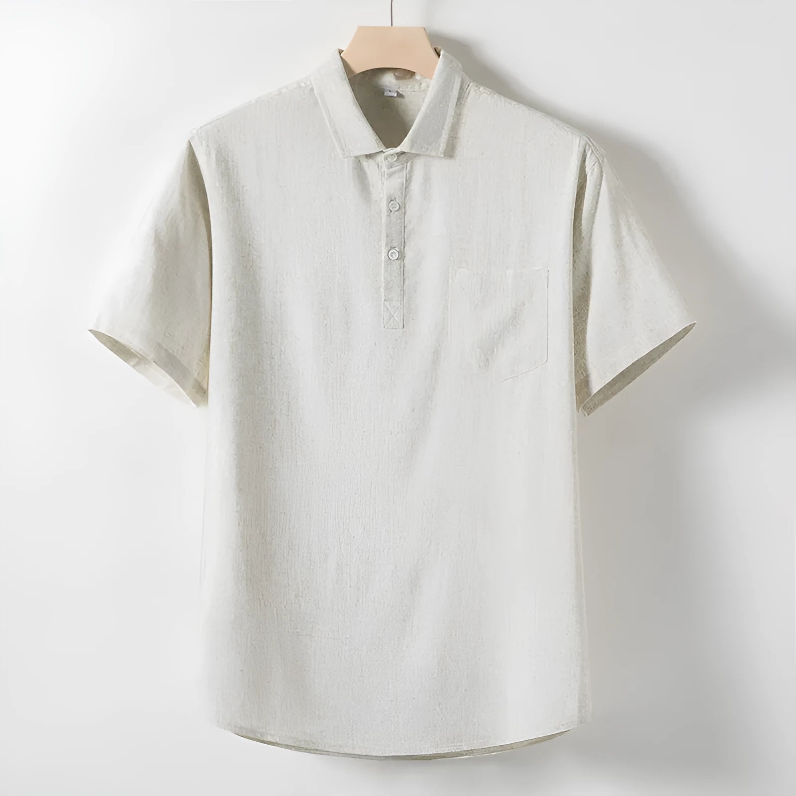 Men's loose lapel linen blend T-shirt in optic linen, black, or white.