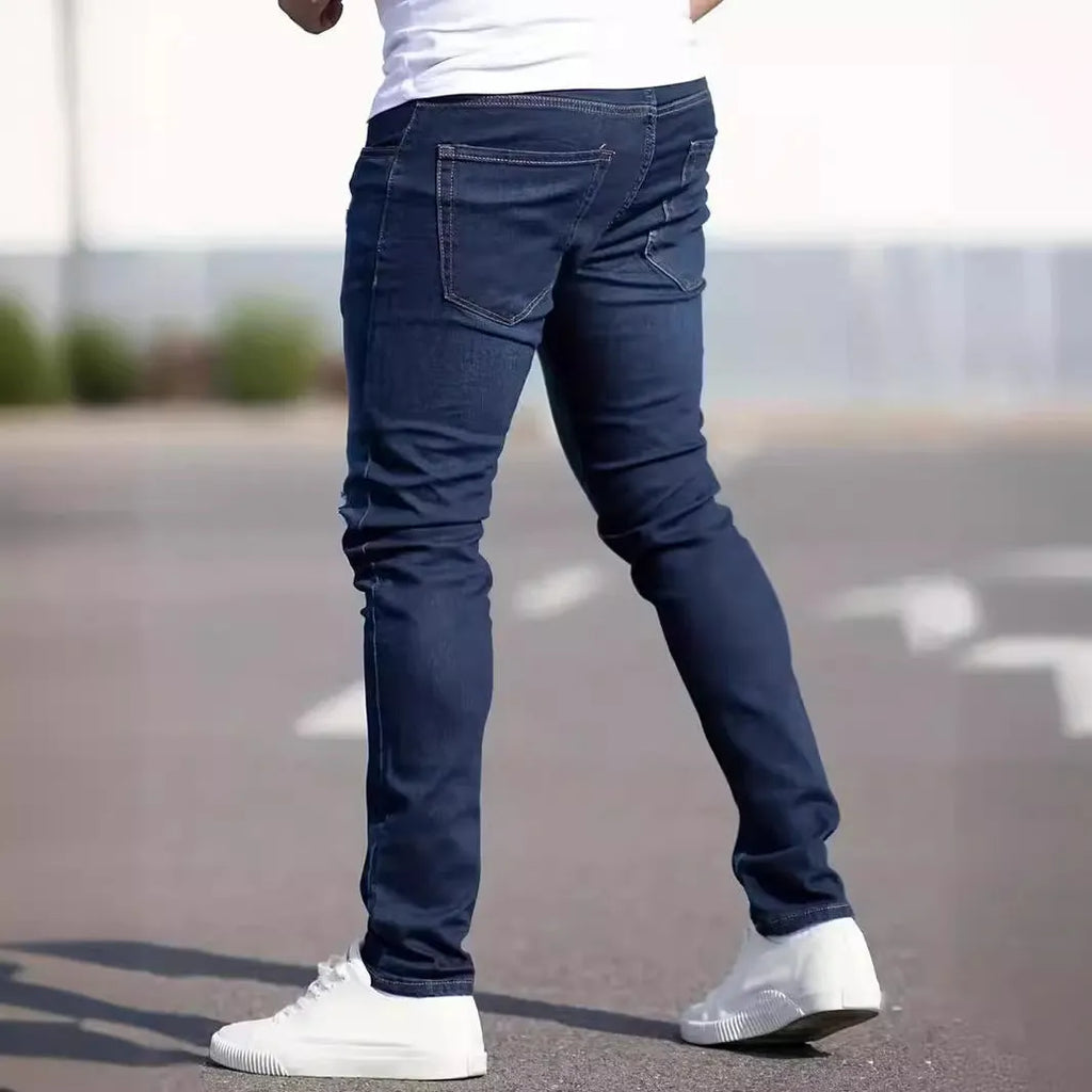 Men's dark blue slim fit cotton jeans with skinny style and mid-waist design
