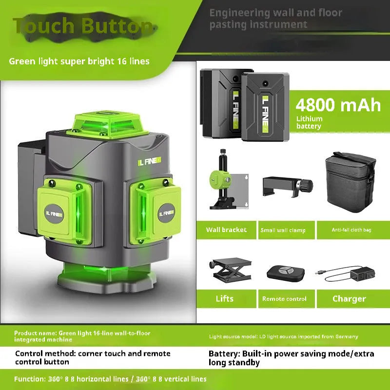 Green laser level showing 16 projection lines with 360-degree coverage for construction alignment tasks