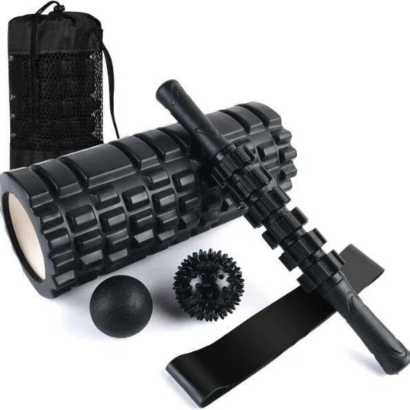 33cm black fitness foam roller with six-piece segmented construction for massage therapy