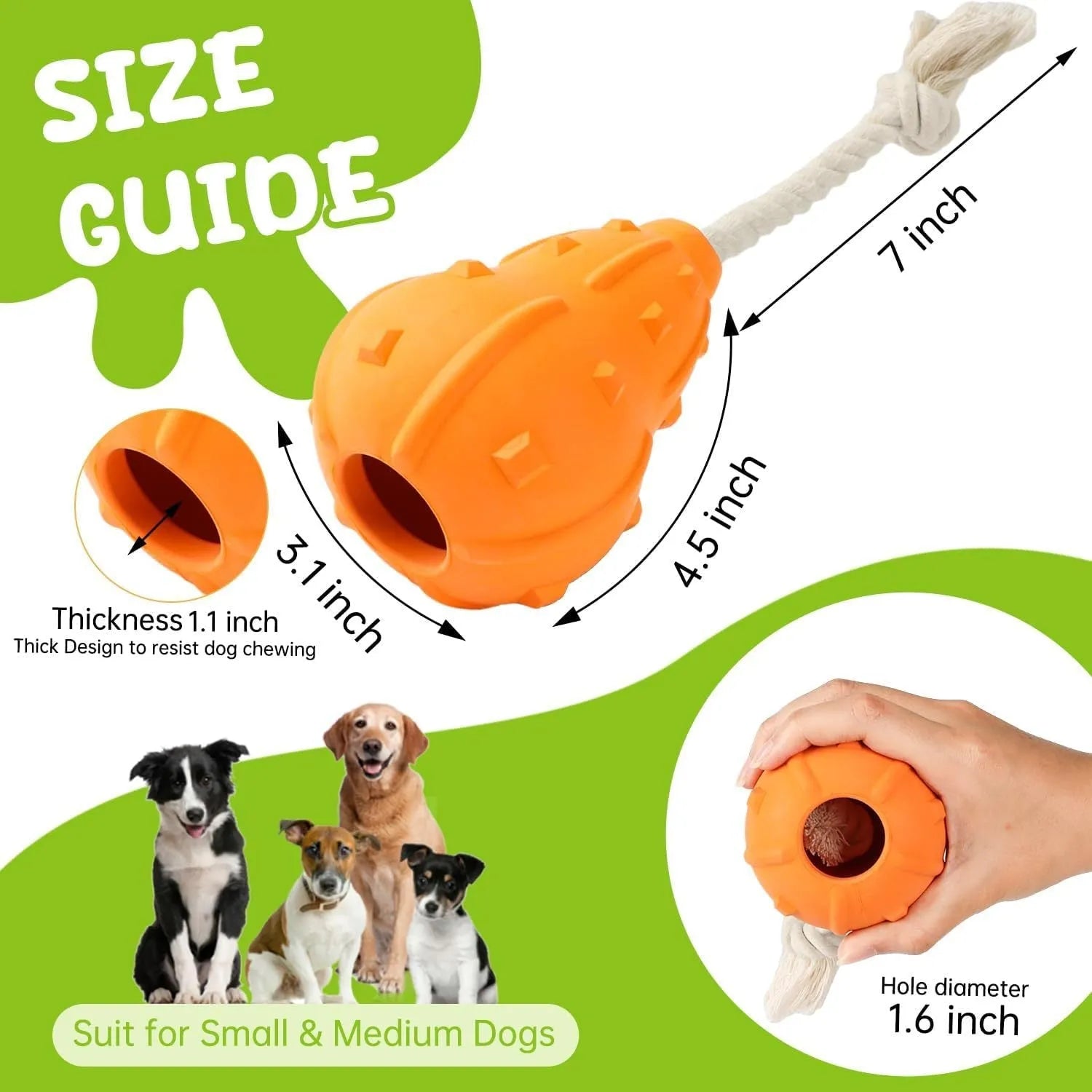 Natural rubber stuffable dog chew toy with longer strap for fetch and treat dispensing.