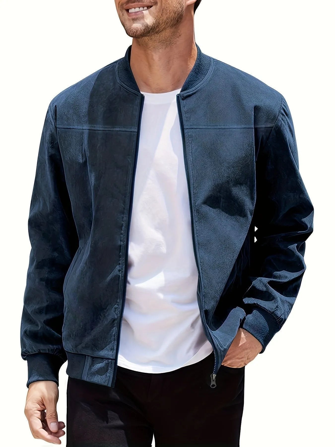 Men's plus size suede casual zip-up jacket in army green on a hanger.