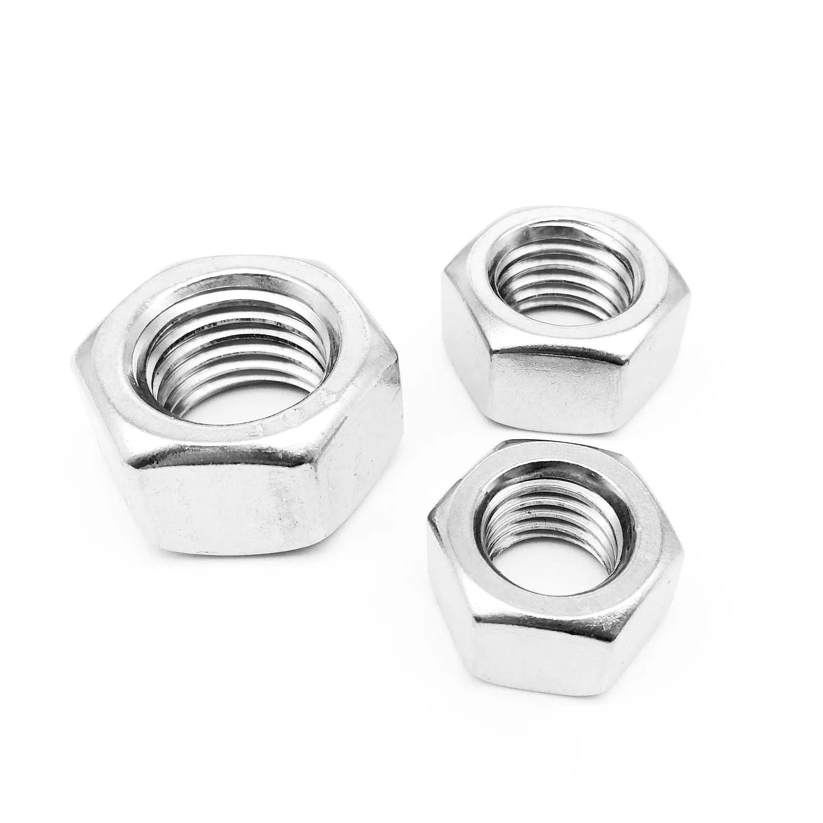 304 stainless steel thickened hex nut assortment from M6 to M56 metric sizes on grey background