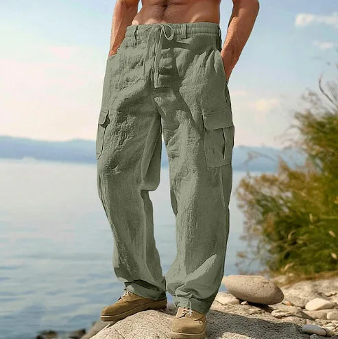 Men's cotton wide-leg casual trousers in seven colours with elastic mid waist