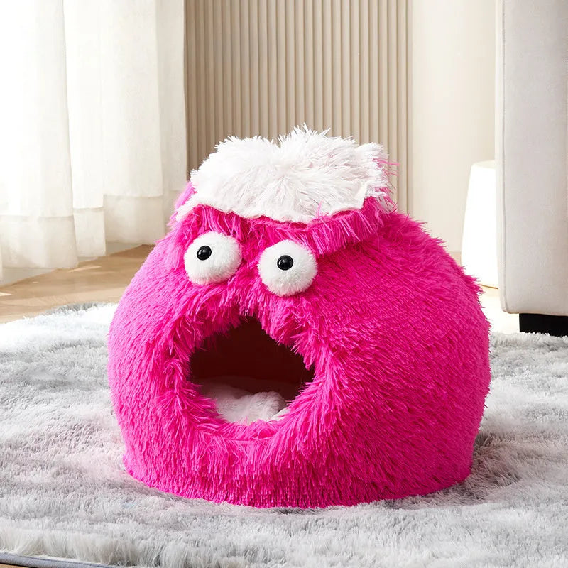 Closed plush cat nest in blue, 40cm diameter, for indoor winter use