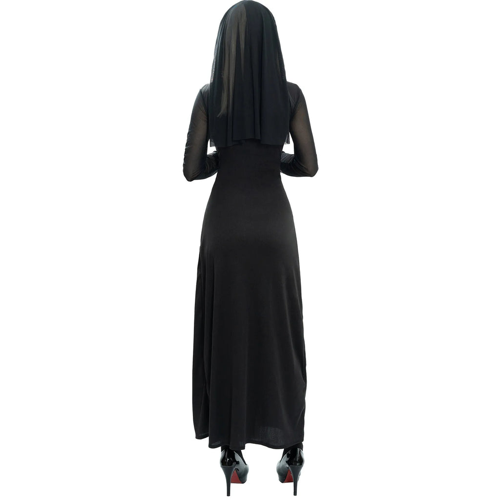 Black polyester women's nun costume dress with long sleeves for Halloween or cosplay
