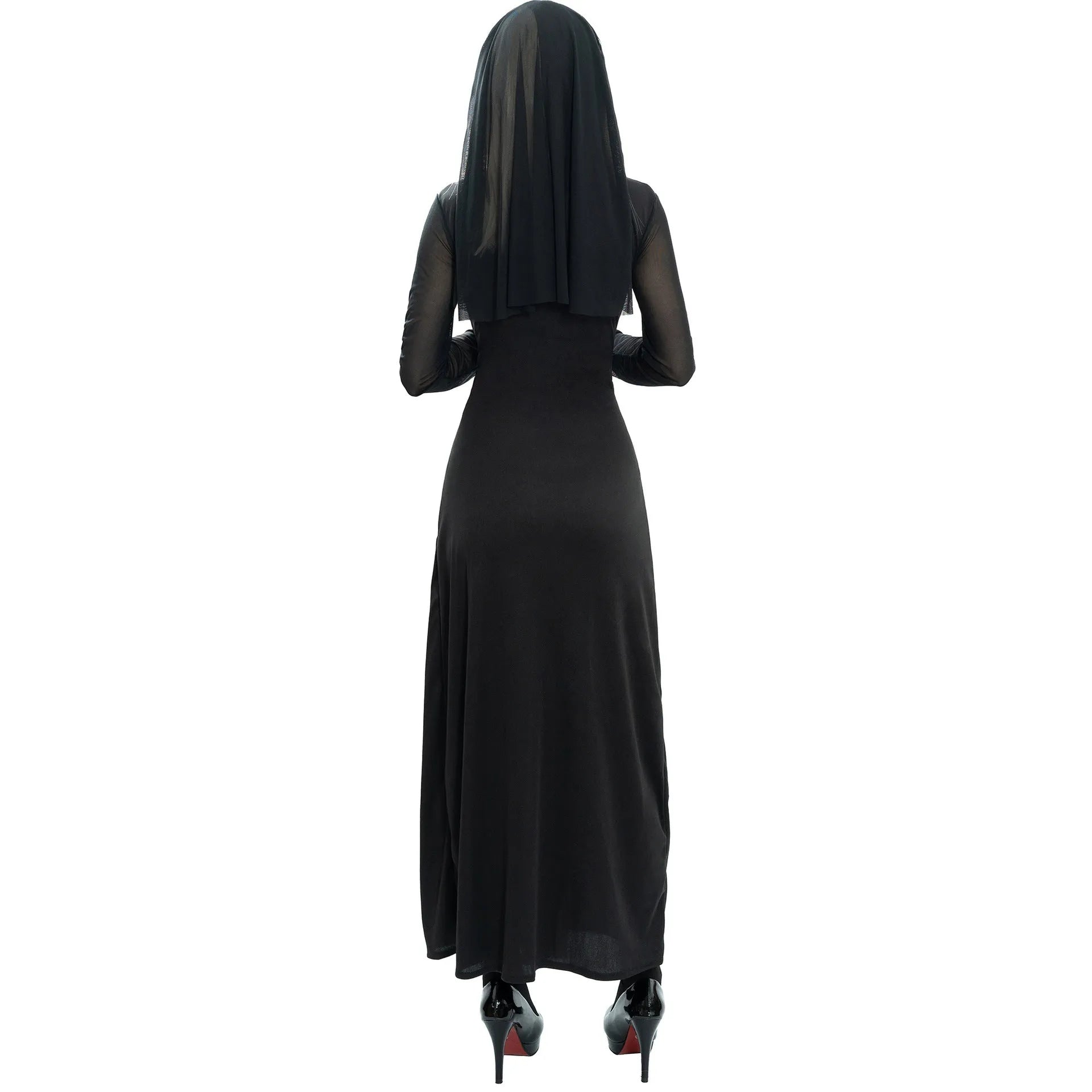 Black polyester women's nun costume dress with long sleeves for Halloween or cosplay