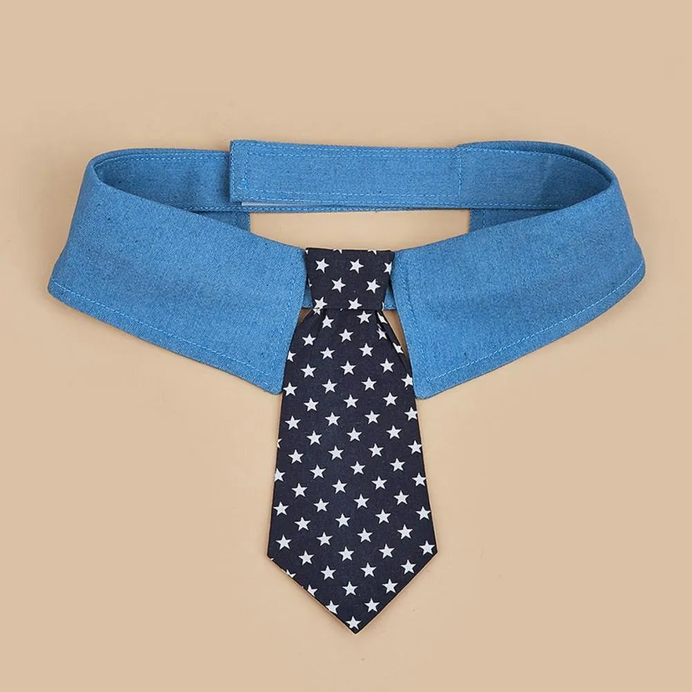 Blue denim dog collar with a star-patterned black bow tie, shown on a mannequin.