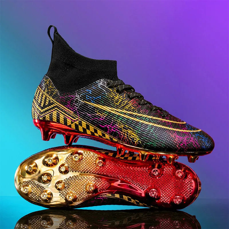 Men's high-top football trainers with gold-plated PVC soles and synthetic leather upper in multiple colours