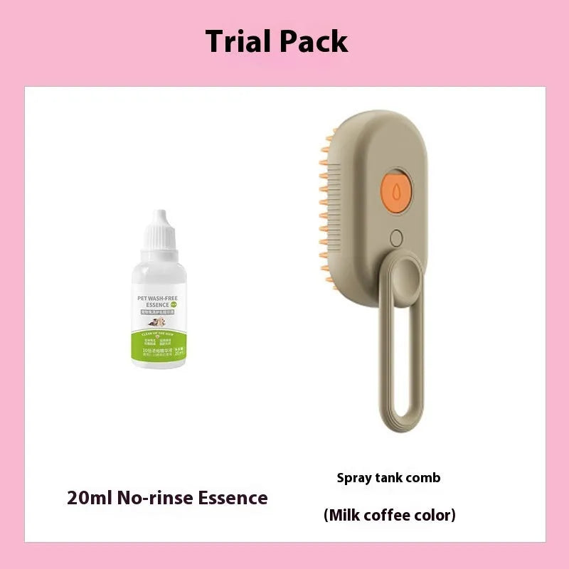 Dog grooming spray massage comb kit with wash-free essence bottle, shown in khaki colour.
