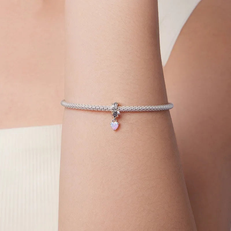 S925 sterling silver loving heart bead with opal bow inlay, 1.6x0.6cm, 0.45cm aperture