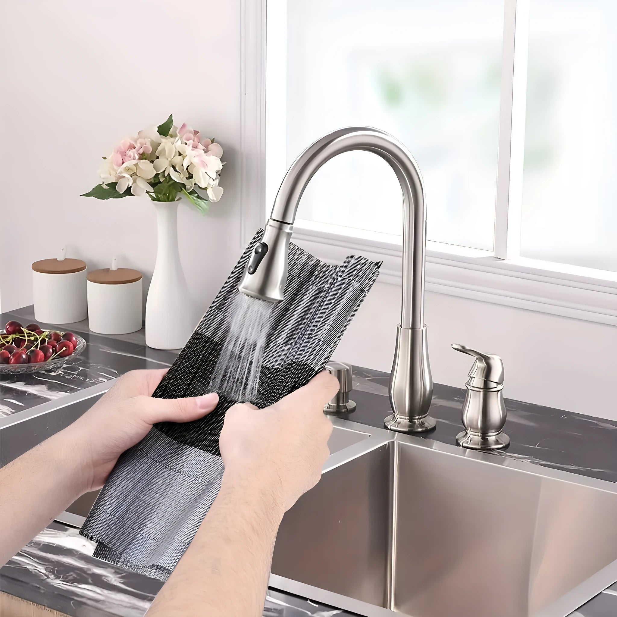 PVC non-slip kitchen dish mat in gradient bamboo black colour on a countertop
