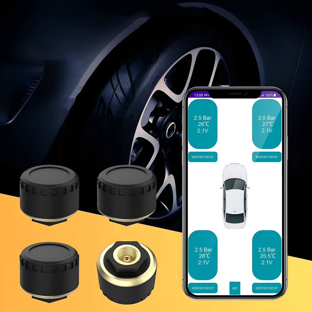 Four black wireless Bluetooth tyre pressure sensors for car monitoring system with mobile phone display