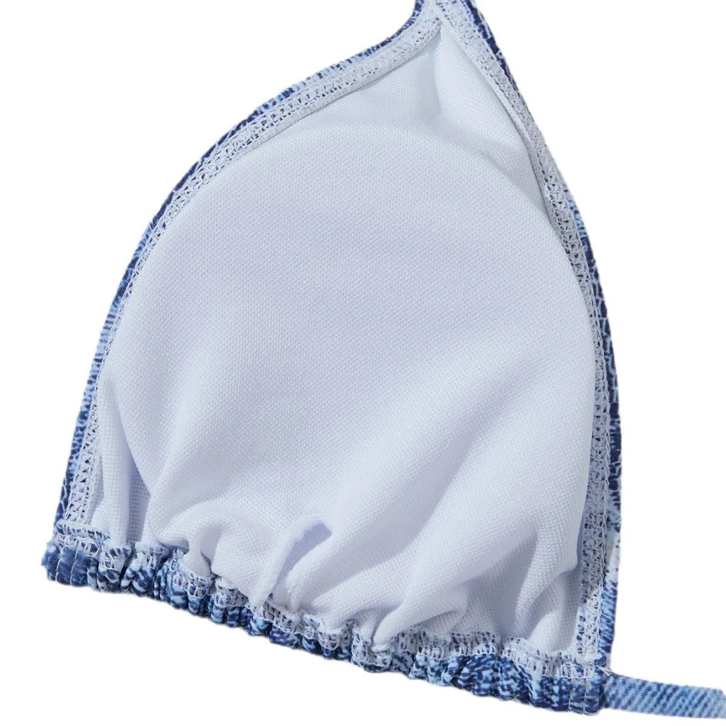 Women's denim blue printed halter neck bikini set with adjustable side-tie briefs