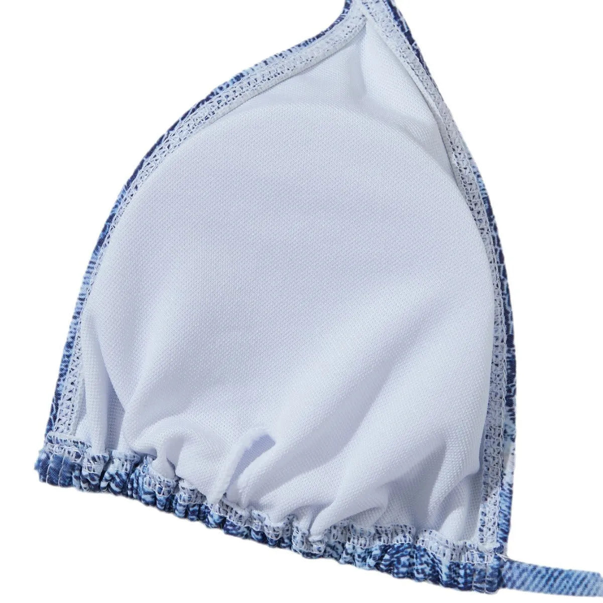 Women's denim blue printed halter neck bikini set with adjustable side-tie briefs