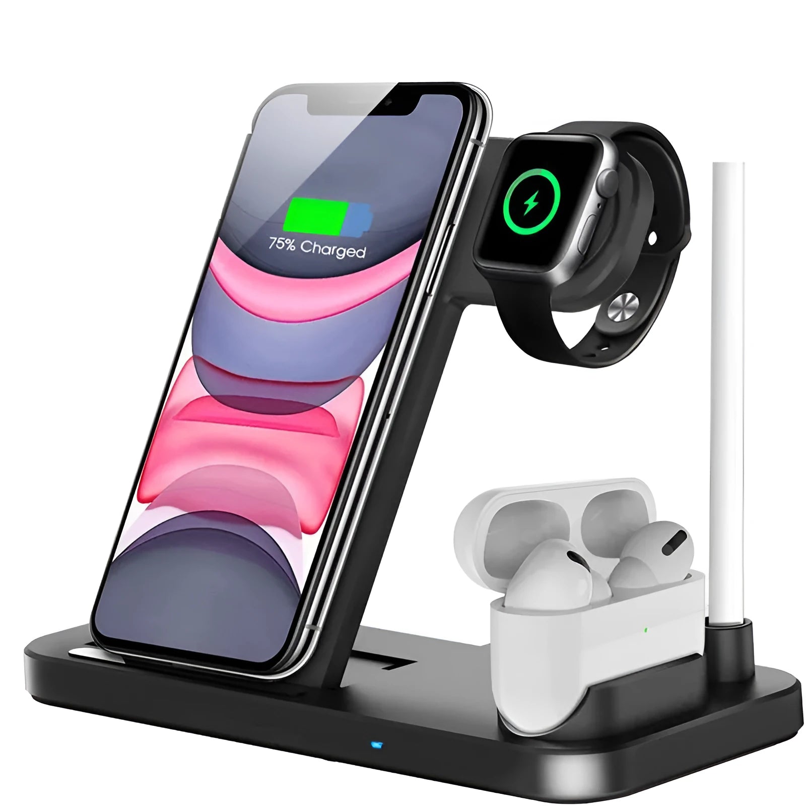 Black folding 4-in-1 wireless charger showing vertical stand mode charging an iPhone, with an Apple Pencil on its charging spot.