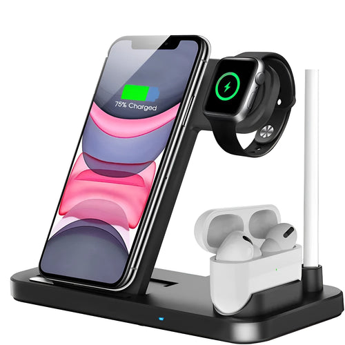 Black folding 4-in-1 wireless charger showing vertical stand mode charging an iPhone, with an Apple Pencil on its charging spot.