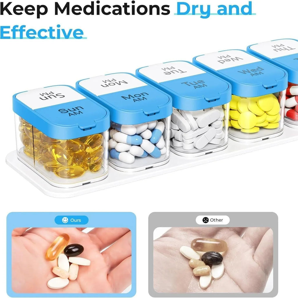 White and rainbow coloured extra large plastic pill organiser box with 14 removable compartments