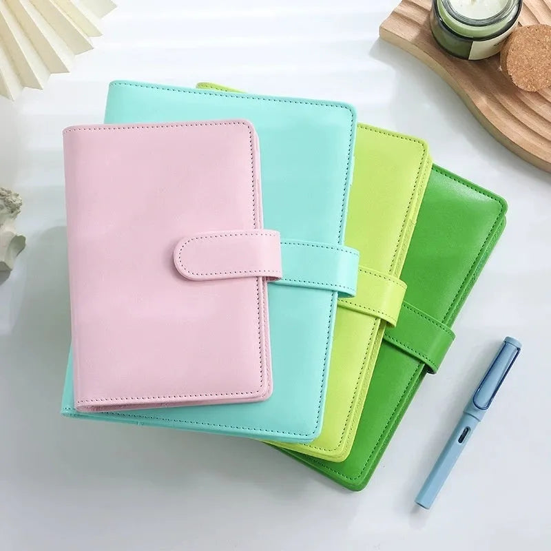A5 PU leather loose-leaf binder shell with zipper closure shown in various colours.