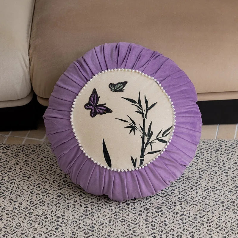 Square beige cushion with black butterfly embroidery in Chinese style