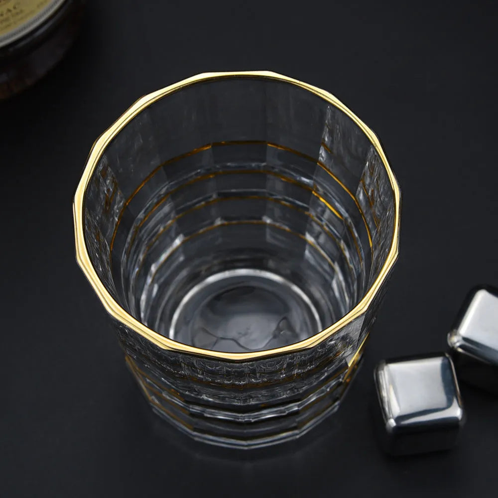 Crystal glass whiskey shot glass with solid gold colour and single-layer build, 340-450ml capacity