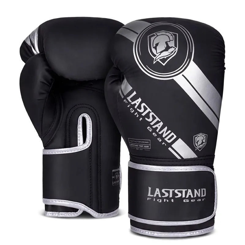 Pair of PU leather boxing gloves in black gold colour, 10oz size, vertical style for training
