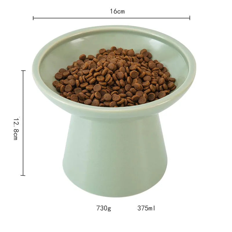 Elevated ceramic cat bowl with wide shallow dish for whisker fatigue prevention