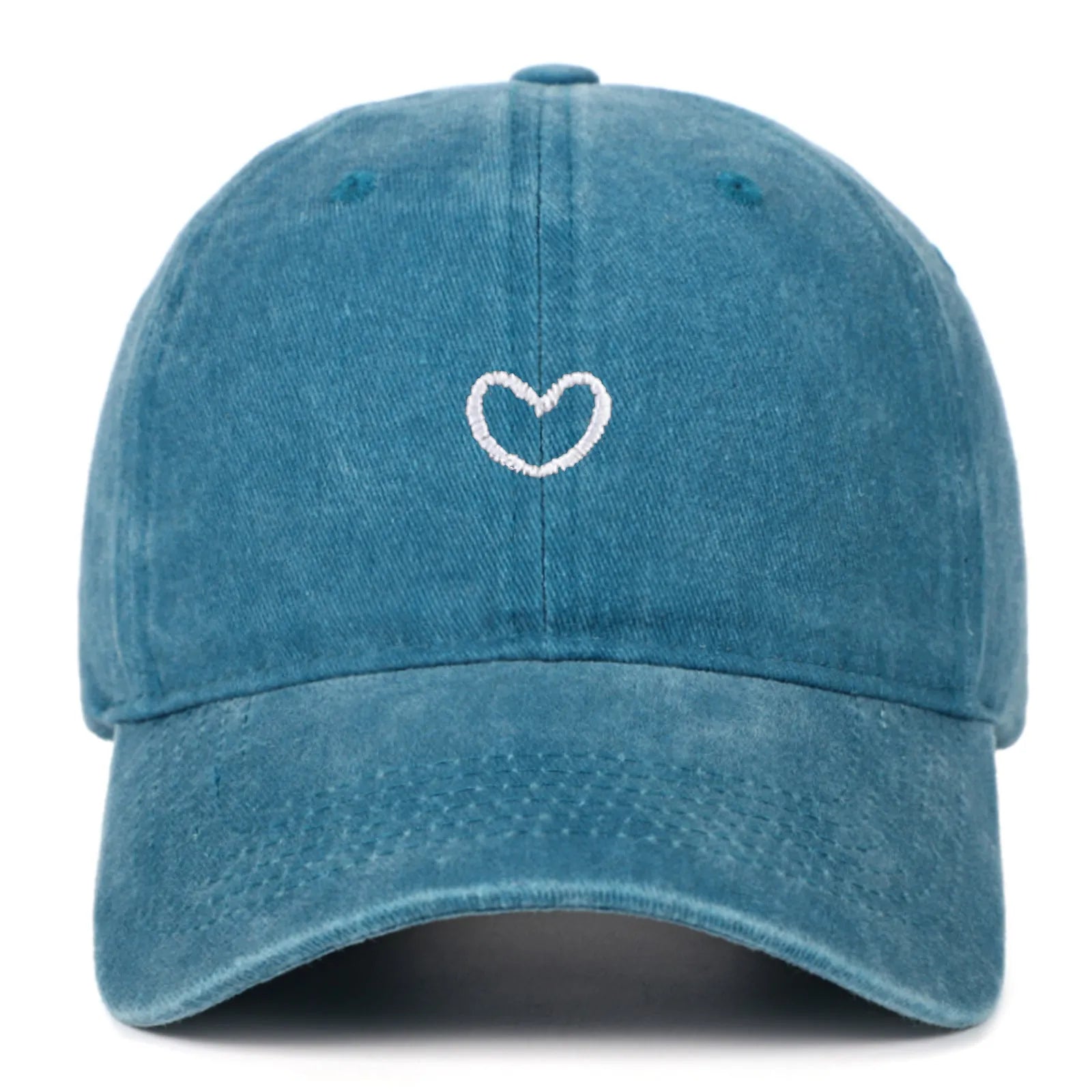 Cotton baseball cap with embroidered red love heart on front, shown in grey.