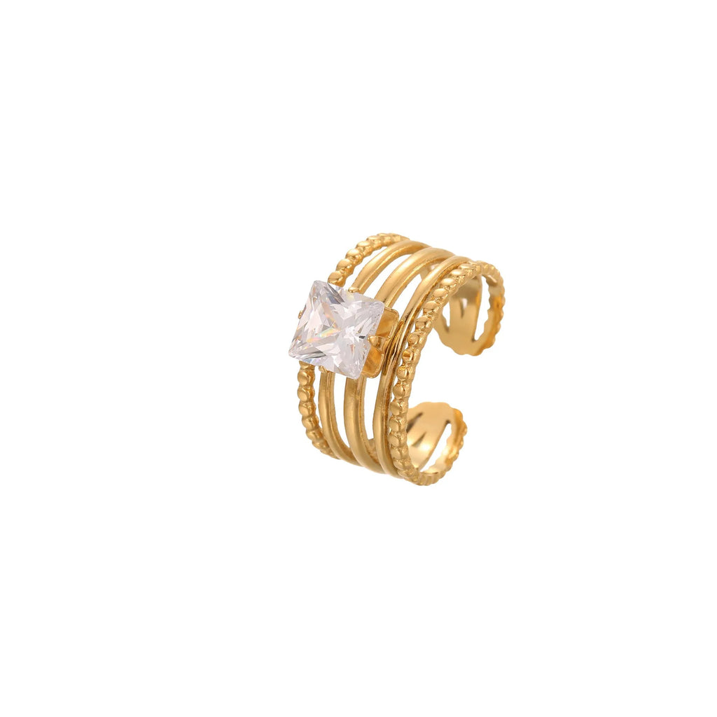 Gold electroplated stainless steel ring with zircon geometric designs and open mouth adjustable fitting