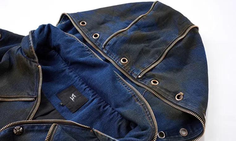 Blue hooded denim vest coat with matching trousers Korean style set