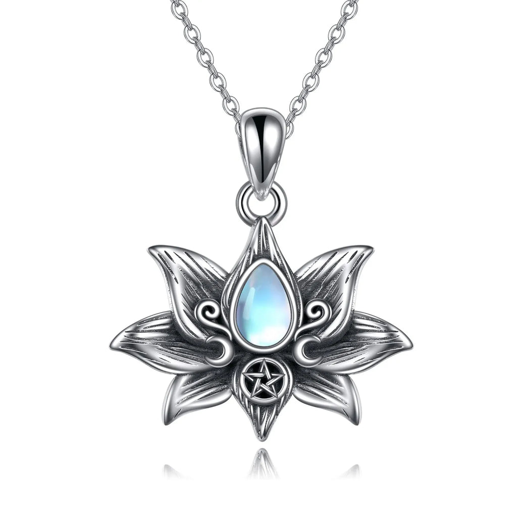 Sterling silver moonstone lotus flower pendant necklace, retro silver finish, teardrop moonstone, calendered O-chain