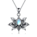 Sterling silver moonstone lotus flower pendant necklace, retro silver finish, teardrop moonstone, calendered O-chain