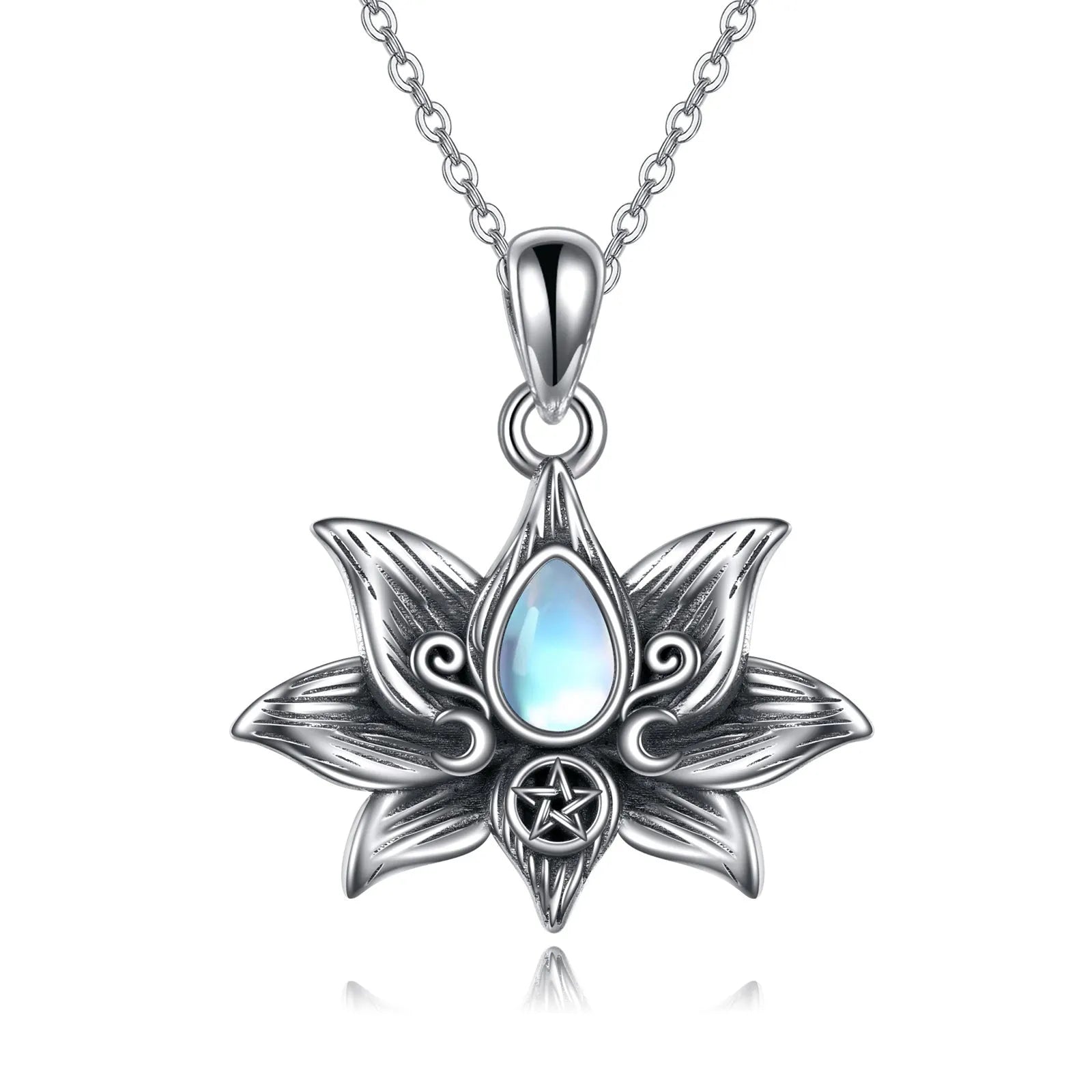 Sterling silver moonstone lotus flower pendant necklace, retro silver finish, teardrop moonstone, calendered O-chain
