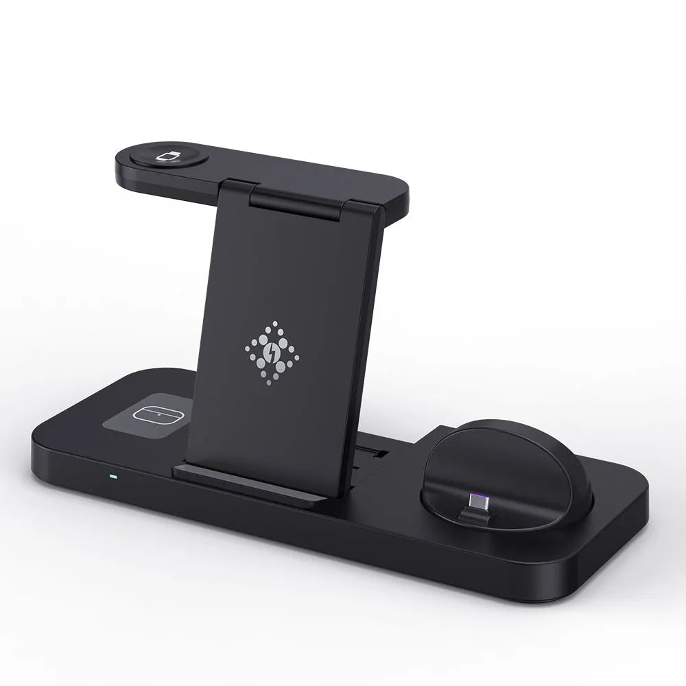Wireless charging station for phone, watch and headset with rotating mount in black colour